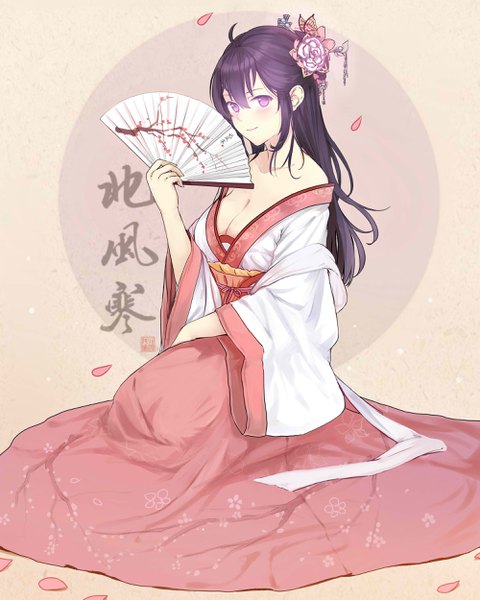 Anime picture 2000x2500 with original miyaura sanshio beifeng han single long hair tall image looking at viewer blush fringe highres breasts smile hair between eyes large breasts sitting purple eyes bare shoulders holding cleavage purple hair