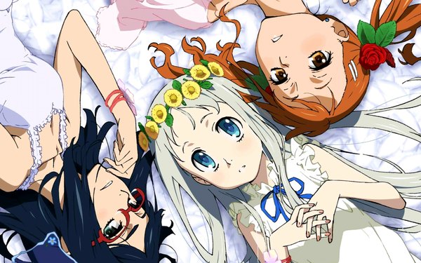 Anime picture 1920x1200 with ano hi mita hana no namae wo bokutachi wa mada shiranai a-1 pictures honma meiko anjou naruko tsurumi chiriko long hair highres open mouth blue eyes wide image twintails multiple girls green eyes white hair lying orange hair girl glasses 3 girls sundress