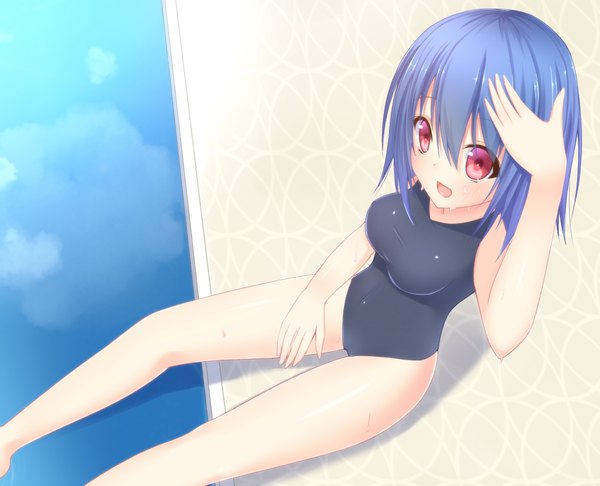 Anime picture 1286x1043 with original takumi1006 single blush short hair breasts open mouth light erotic red eyes sitting blue hair girl swimsuit