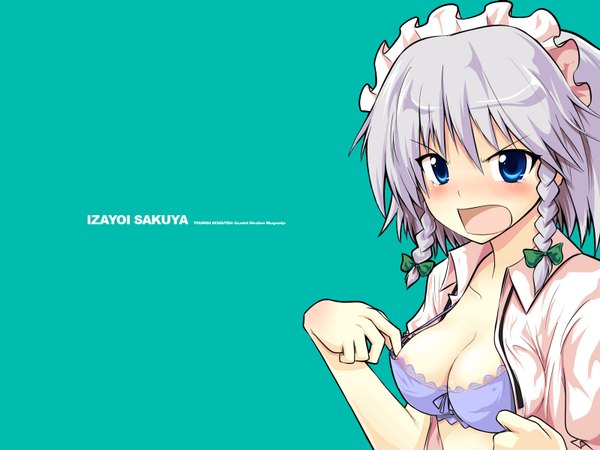 Anime picture 1600x1200 with touhou izayoi sakuya light erotic aqua background girl underwear