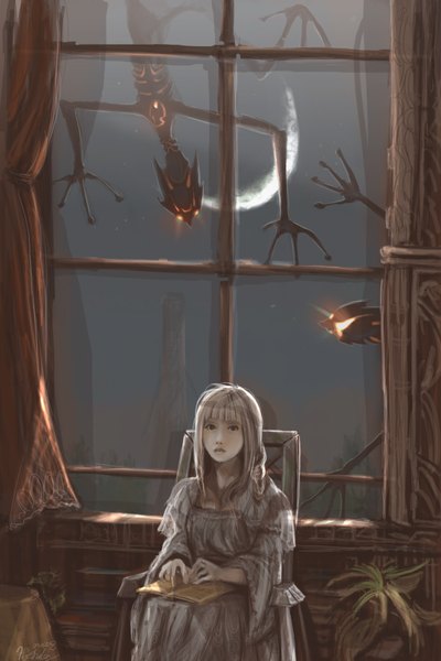 Anime picture 1200x1800 with original kyan-dog (artist) tall image short hair blonde hair sitting signed black eyes night crescent girl plant (plants) window book (books) curtains monster