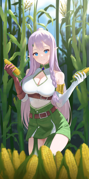 Anime picture 1500x3000 with isekai nonbiri nouka ria (isekai nonbiri nouka) e ga ku single long hair tall image looking at viewer blush fringe breasts blue eyes light erotic smile large breasts standing holding sky purple hair cloud (clouds) outdoors