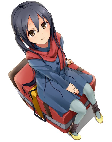 Anime picture 1300x1644 with k-on! kyoto animation nakano azusa haine single long hair tall image looking at viewer black hair simple background smile white background sitting twintails brown eyes girl scarf suitcase