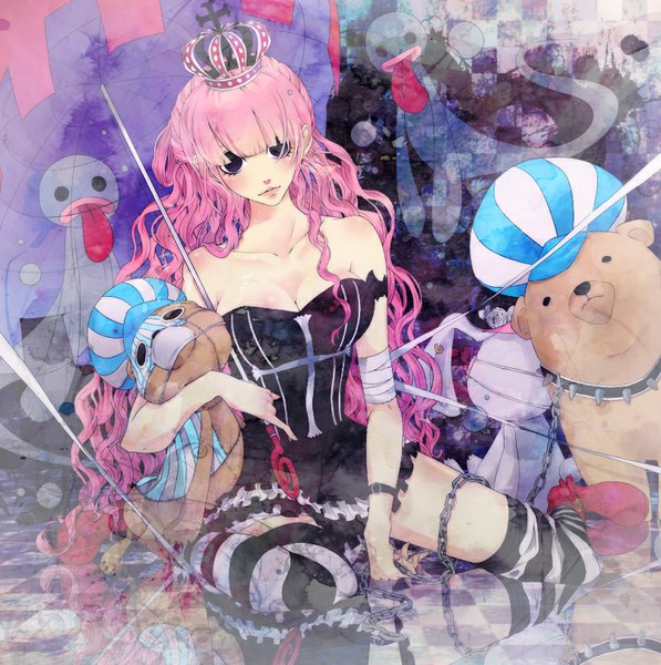 Anime picture 806x811 with one piece toei animation perona kumacy limine single long hair tall image looking at viewer fringe sitting bare shoulders pink hair black eyes wavy hair checkered floor floor ghost girl thighhighs