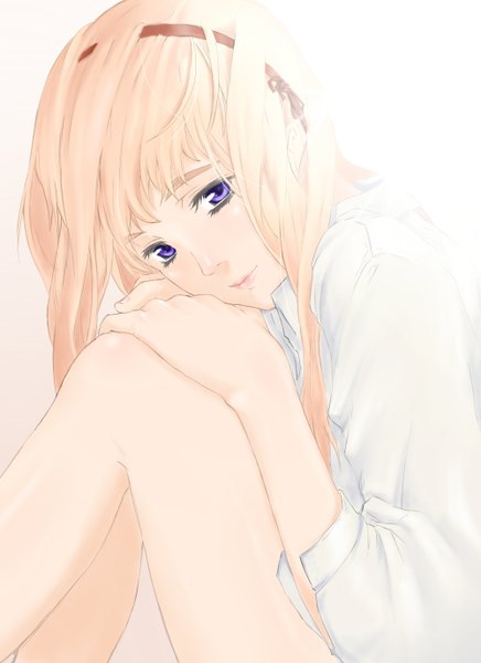 Anime picture 1000x1374 with macross macross frontier sheryl nome yamaishi (mukoubuti) single long hair tall image looking at viewer blush simple background blonde hair sitting purple eyes hands clasped girl shirt hairband