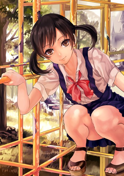 Anime picture 900x1273 with original ttk (kirinottk) single tall image looking at viewer short hair black hair twintails brown eyes short twintails girl uniform plant (plants) school uniform tree (trees) sandals