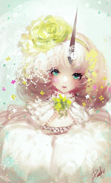 Anime picture 600x987 with original danhu single long hair tall image looking at viewer blush fringe green eyes signed white hair parted lips hair flower horn (horns) lips glow personification girl hair ornament flower (flowers)