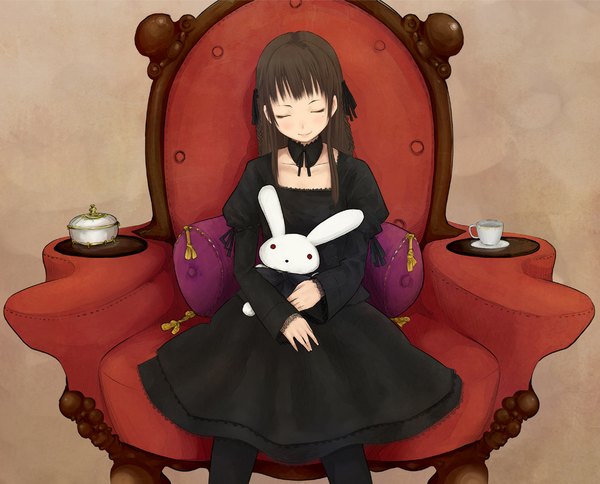Anime picture 1190x960 with original okiru (artist) long hair smile brown hair eyes closed girl dress pillow black dress toy collar stuffed animal cup bunny armchair