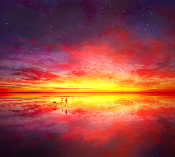 Anime picture 1136x1022 with original mks single standing sky cloud (clouds) outdoors reflection horizon landscape scenic boy star (stars)