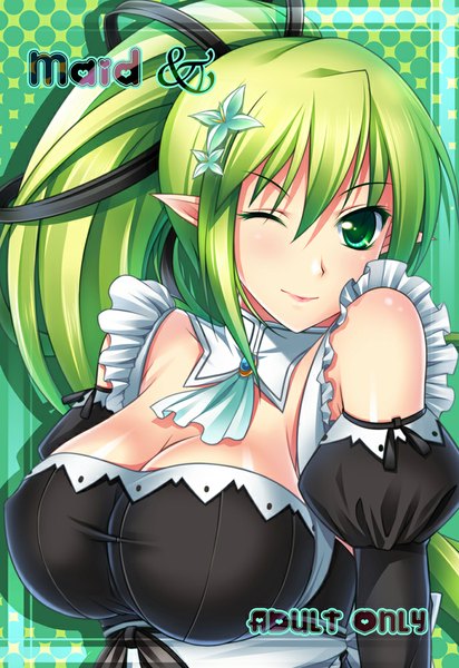 Anime picture 688x1000 with elsword rena erindel wind sneaker (elsword) tsukimi kirara single long hair tall image breasts light erotic large breasts green eyes ponytail one eye closed green hair wink girl dress ribbon (ribbons) hair ribbon detached sleeves