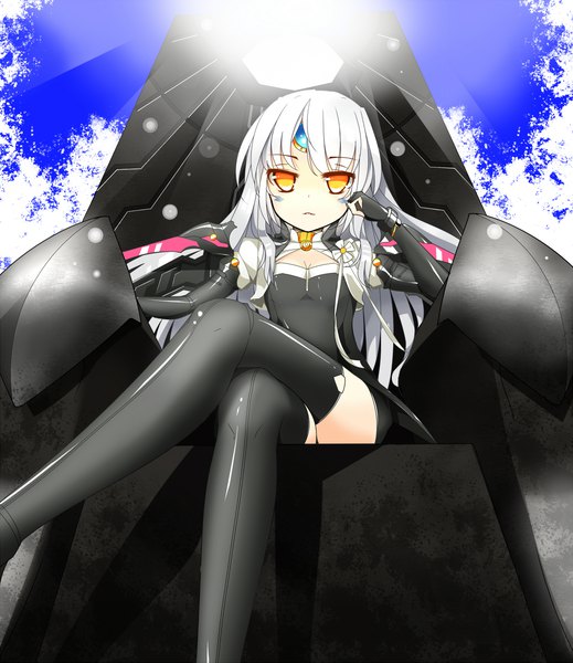 Anime picture 1000x1156 with elsword eve (elsword) ootsuki momiji tyoyuling 4 single long hair tall image looking at viewer breasts sitting yellow eyes sky silver hair from below crossed legs looking down girl thighhighs gloves black thighhighs