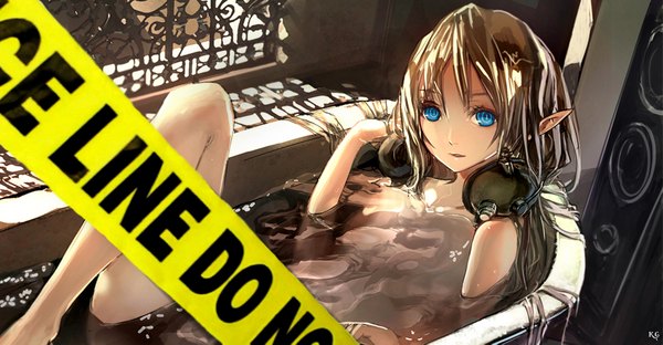 Anime picture 2000x1043 with original lin+ k.g single highres blue eyes light erotic wide image nipples barefoot nude pointy ears grey eyes elf girl water headphones fan wire (wires) bath