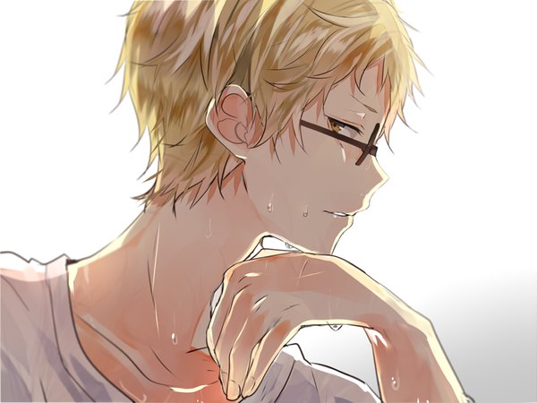 Anime picture 900x675 with haikyuu!! production i.g tsukishima kei poni (rito) single looking at viewer fringe short hair simple background white background yellow eyes profile fingernails boy glasses