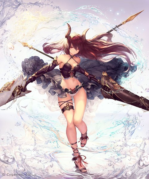 Anime picture 2084x2500 with shingeki no bahamut forte (shingeki no bahamut) tachikawa mushimaro (bimo) single long hair tall image looking at viewer fringe highres breasts light erotic hair between eyes red eyes standing bare shoulders holding purple hair full body bent knee (knees) horn (horns)