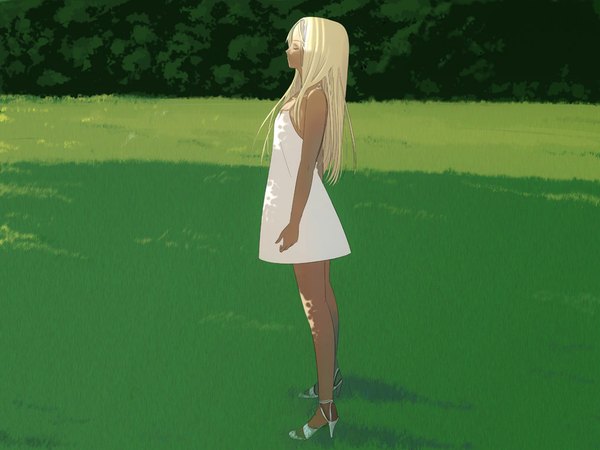 Anime picture 1024x768 with original souldeep single long hair blonde hair standing bare shoulders eyes closed profile bare legs shadow sleeveless meadow girl dress plant (plants) white dress grass sandals