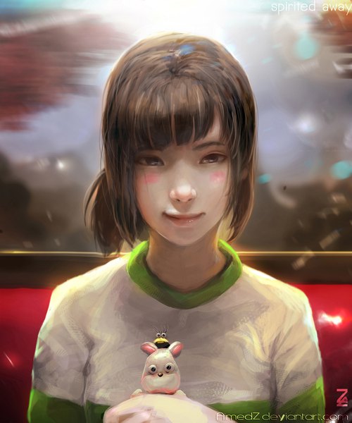Anime picture 1800x2159 with spirited away studio ghibli ogino chihiro boh aimedz tall image looking at viewer blush fringe highres brown hair brown eyes indoors light smile realistic girl hair tubes