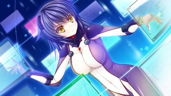 Anime picture 1280x720 with re:birth colony neueblau t milla asami asami short hair breasts light erotic black hair wide image large breasts yellow eyes game cg girl bodysuit