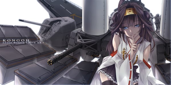Anime picture 2588x1295 with kantai collection kongou battleship futami kito single long hair looking at viewer highres blue eyes black hair wide image light smile finger to mouth nontraditional miko girl hair ornament weapon detached sleeves gun cannon