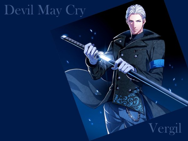 Anime picture 1280x960 with devil may cry vergil red lian single short hair blue eyes silver hair white hair inscription striped unsheathing boy gloves sword katana chain pants cloak coat sheath