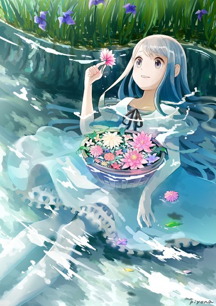 Anime picture 707x1000 with original piyonax single long hair tall image blush fringe open mouth holding blue hair looking away sunlight reclining underwater river girl dress flower (flowers) plant (plants) water