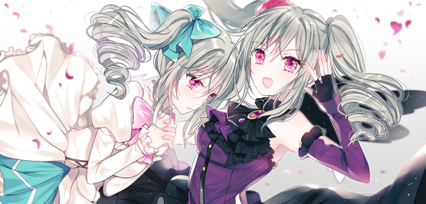 Anime picture 909x437 with idolmaster idolmaster cinderella girls kanzaki ranko n n (vbdpsep) long hair fringe open mouth hair between eyes wide image twintails bare shoulders pink eyes grey hair grey background drill hair dual persona praying rosenburg engel girl gloves