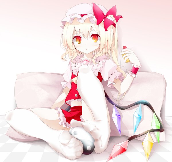 Anime picture 1800x1700 with touhou flandre scarlet oouso (usotsukiya) single highres short hair blonde hair red eyes one side up yin yang girl thighhighs dress skirt white thighhighs wings wrist cuffs bonnet skirt set crystal