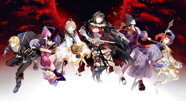 Anime picture 1600x872 with tales of (series) tales of berseria velvet crowe magilou (tales) eizen (tales) eleanor hume rokurou rangetsu laphicet (tales) hinahino fringe short hair blue eyes black hair blonde hair smile hair between eyes wide image twintails multiple girls green eyes