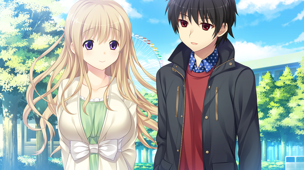 Anime picture 1280x720 with houkago no futekikakusha honnami shiori long hair short hair black hair blonde hair red eyes wide image purple eyes game cg light smile couple girl dress boy plant (plants) tree (trees)