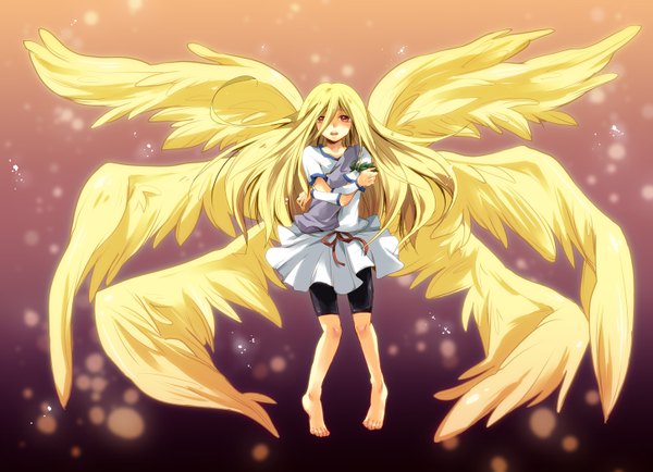 Anime picture 1450x1050 with blonde hair red eyes barefoot girl wings