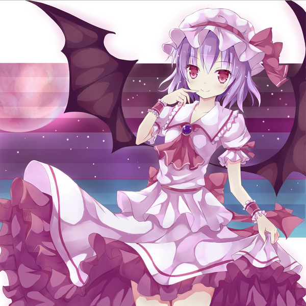 Anime picture 1200x1200 with touhou remilia scarlet mizumidori single looking at viewer short hair smile red eyes purple hair finger to mouth girl dress wings frills bonnet brooch
