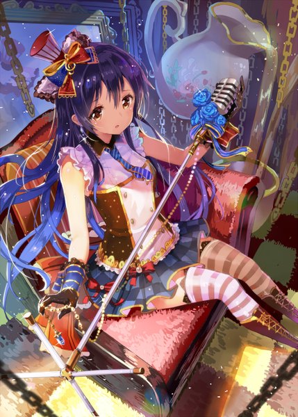 Anime picture 975x1364 with love live! school idol project sunrise (studio) love live! sonoda umi 77gl single long hair tall image looking at viewer blush sitting brown eyes purple hair checkered floor floor girl thighhighs skirt gloves ribbon (ribbons)