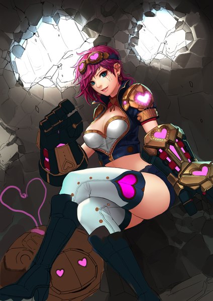 Anime picture 1280x1811 with league of legends vi (league of legends) blitzcrank (league of legends) ake (cherrylich) single tall image blush breasts open mouth smile large breasts sitting cleavage lips arm support teeth bare belly alternate costume crossed legs goggles on head