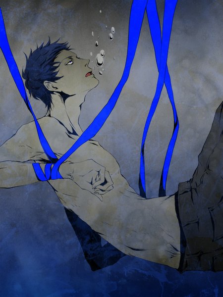 Anime picture 600x800 with kuroko no basket production i.g aomine daiki ist single tall image fringe short hair open mouth profile looking up underwater bondage shirtless boy ribbon (ribbons) pants bubble (bubbles)