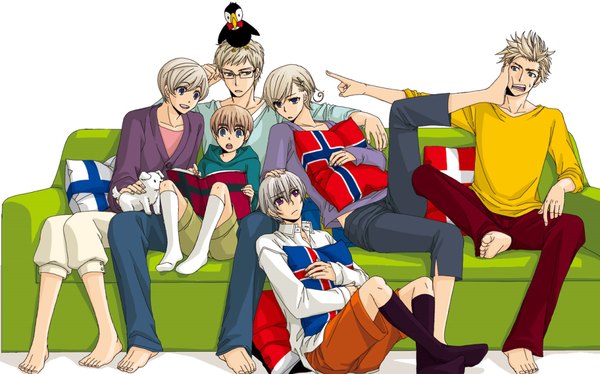 Anime picture 1023x639 with axis powers hetalia studio deen sweden (hetalia) finland (hetalia) denmark (hetalia) norway (hetalia) iceland (hetalia) sealand (hetalia) mr. puffin short hair blue eyes blonde hair simple background wide image white background sitting purple eyes green eyes pink eyes barefoot