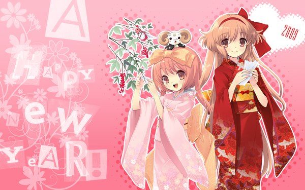 Anime picture 1920x1200 with nanatsuiro drops alice parade akihime sumomo miori (alice parade) yuki-chan emudori itou noiji long hair highres short hair brown hair wide image multiple girls brown eyes pink hair traditional clothes japanese clothes new year crossover 2009