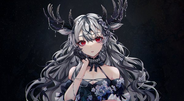 Anime picture 3840x2113 with original mishasimarina0130 single long hair looking at viewer fringe highres breasts simple background hair between eyes red eyes wide image animal ears absurdres cleavage upper body parted lips head tilt multicolored hair horn (horns)