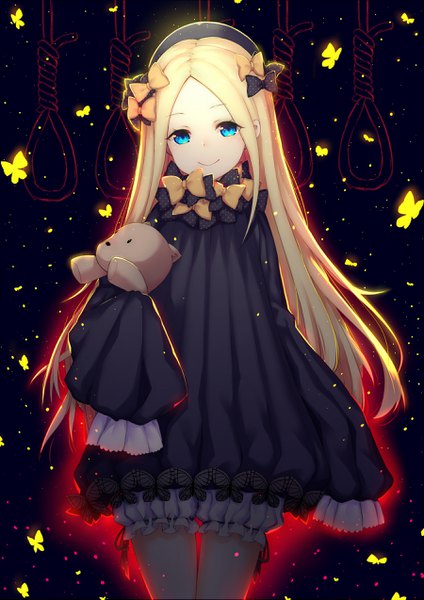 Anime picture 1800x2545 with fate (series) fate/grand order abigail williams (fate) jie single long hair tall image looking at viewer highres blue eyes blonde hair smile long sleeves girl bow hair bow insect butterfly toy stuffed animal