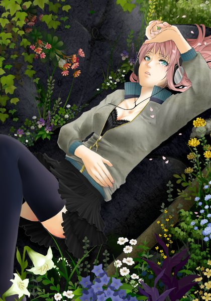 Anime picture 1400x2000 with vocaloid megurine luka single long hair tall image green eyes pink hair lying tears hand on head girl thighhighs black thighhighs plant (plants) petals jacket headphones couch