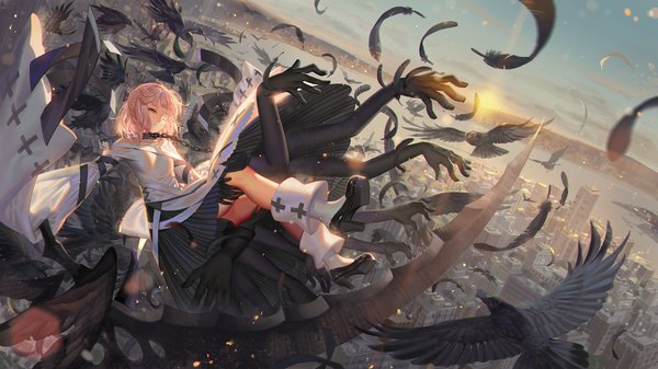 Anime picture 2133x1200 with original alphonse (white datura) single highres short hair wide image pink hair one eye closed orange eyes girl dress animal bird (birds) chain feather (feathers) hands crow