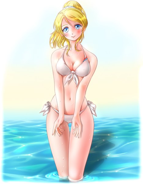 Anime picture 2000x2560 with love live! school idol project sunrise (studio) love live! ayase eli miharin (artist) long hair tall image looking at viewer blush highres breasts blue eyes light erotic blonde hair smile ponytail midriff girl navel swimsuit