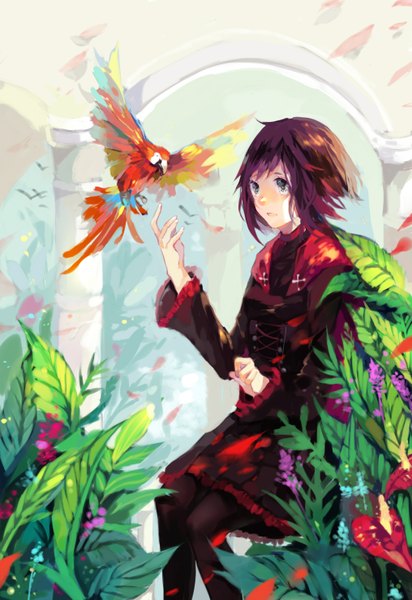 Anime picture 2031x2952 with rwby rooster teeth ruby rose 2623258611 single tall image blush highres short hair open mouth blue eyes brown hair sitting looking away light smile wide sleeves girl dress flower (flowers) plant (plants)