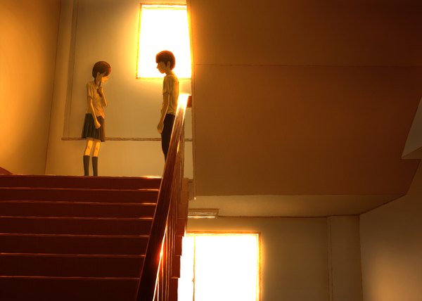 Anime picture 1680x1200 with original oushin brown hair indoors couple girl boy uniform school uniform stairs
