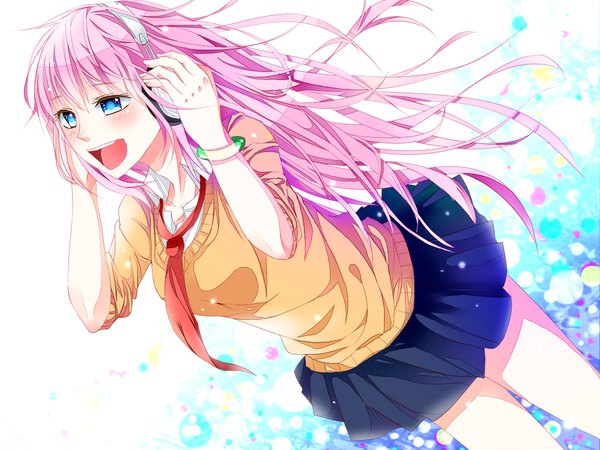Anime picture 1200x900 with vocaloid megurine luka sayaka (ponkichi) single long hair open mouth blue eyes pink hair girl skirt necktie bracelet headphones vest