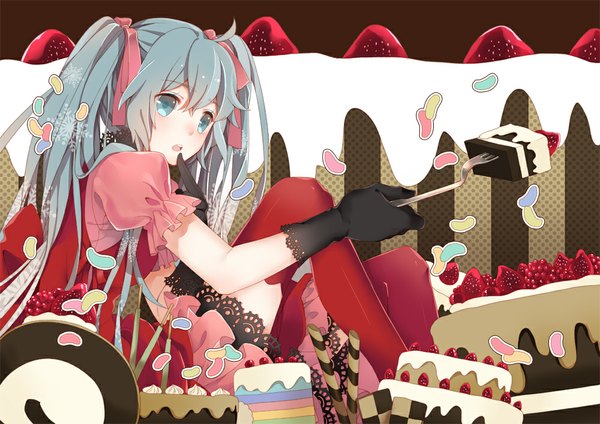 Anime picture 1000x707 with vocaloid hatsune miku mia0309 single twintails very long hair aqua eyes aqua hair girl thighhighs dress gloves ribbon (ribbons) hair ribbon food sweets berry (berries) cake strawberry swiss roll