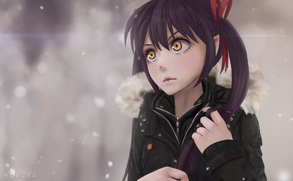 Anime picture 1920x1190 with original lilith parker (novcel) novcel single long hair blush fringe highres black hair hair between eyes wide image twintails signed yellow eyes looking away upper body lips pointy ears blurry depth of field