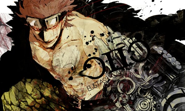 Anime picture 1100x660 with one piece toei animation eustass kid natsume (ntm 62) single short hair smile red eyes brown hair wide image inscription muscle goggles on head boy weapon goggles mecha gears