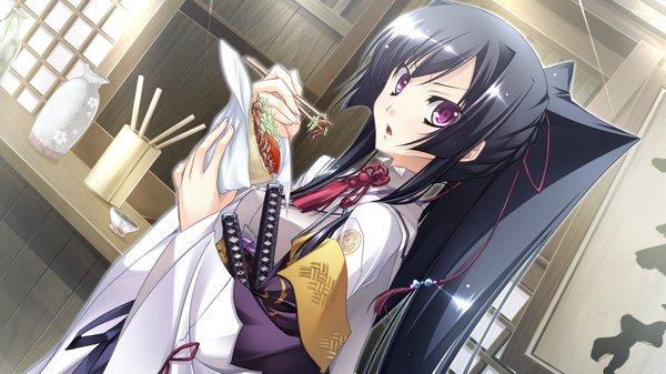 Anime picture 1280x720 with appare! tenka gomen katagiri hinata long hair black hair wide image purple eyes game cg ponytail traditional clothes eating girl weapon sword food katana