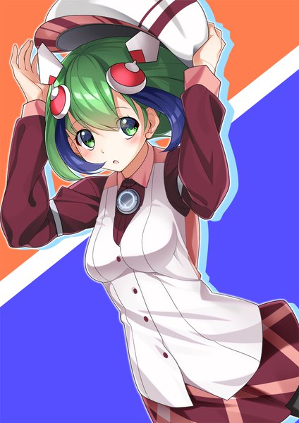 Anime picture 800x1131 with dimension w yurizaki mira saradabul komaki single tall image blush short hair simple background green eyes looking away purple hair parted lips multicolored hair green hair arms up two-tone hair :o streaked hair blue background orange background