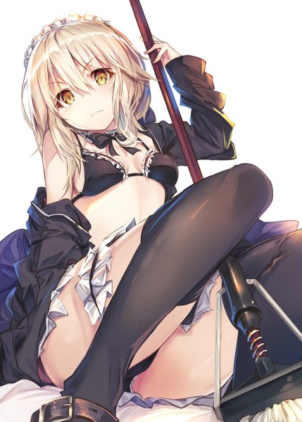 Anime picture 1066x1491 with fate (series) fate/grand order artoria pendragon (all) artoria pendragon (alter swimsuit rider) (fate) fal maro single tall image looking at viewer fringe short hair light erotic blonde hair simple background hair between eyes white background holding yellow eyes off shoulder girl thighhighs