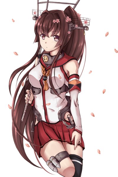 Anime picture 2000x3000 with kantai collection yamato super battleship centon (736023681) single long hair tall image looking at viewer highres simple background brown hair white background brown eyes ponytail traditional clothes girl skirt hair ornament petals